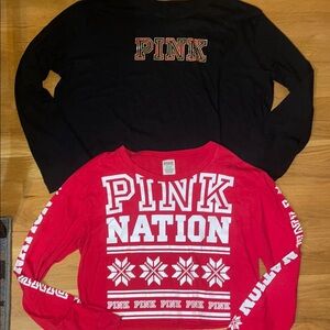 2 PINK Victoria's Secret Holiday Long Sleeve Shirts - Red and Black
